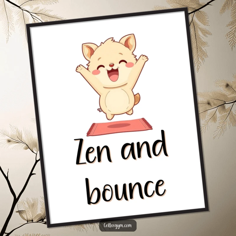 Funny Poster: A fluffy animal character grins widely while energetically bouncing on a small yoga mat, a humorous depiction of wellness.