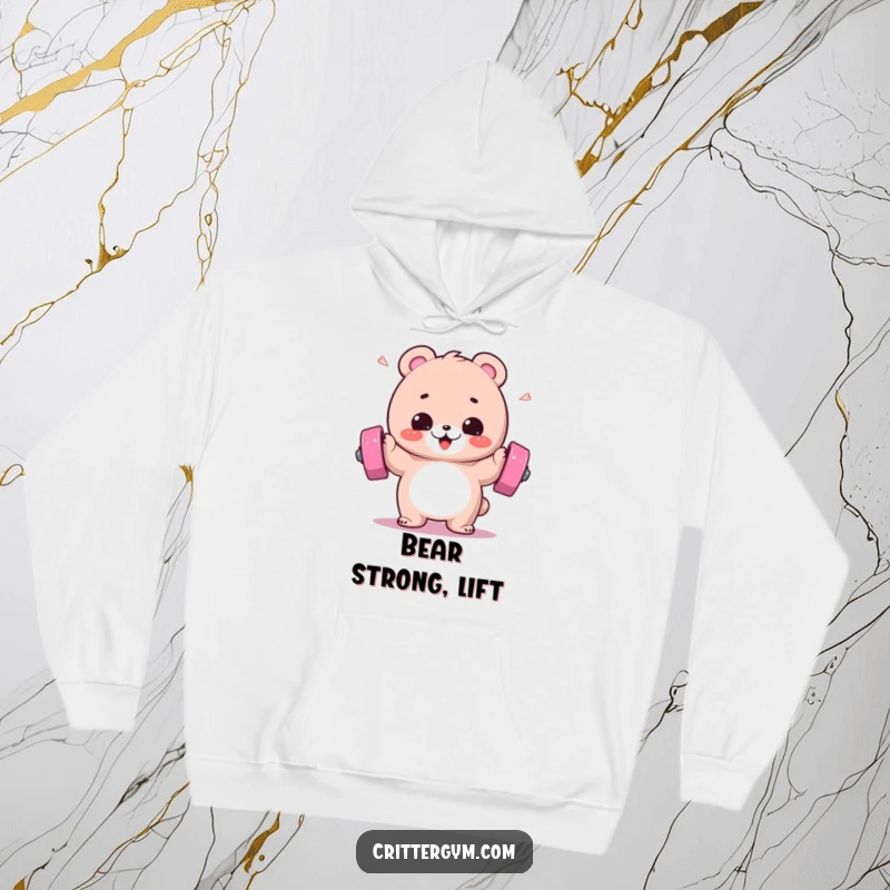 Funny hoodie showcasing a fluffy bear gleefully lifting a colorful barbell with sweat flying, perfect for cozy gym sessions.
