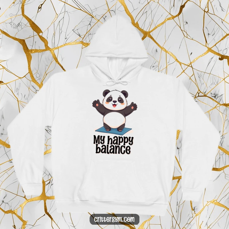 Funny chubby panda hoodie, happily doing a headstand on a yoga mat, soft and warm, promoting relaxation, funny gift.