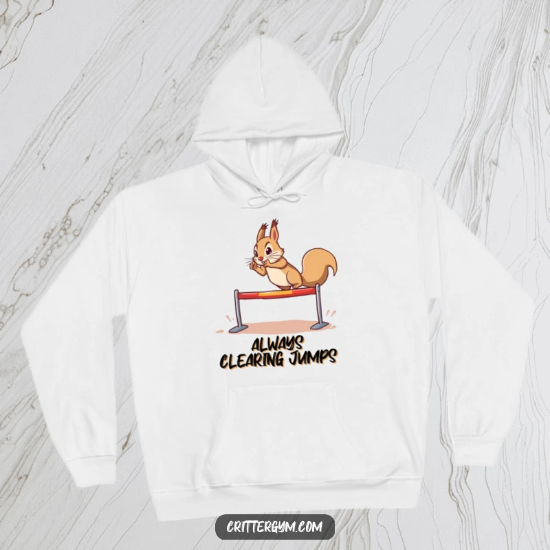 Funny determined squirrel hoodie, doing a dramatic leap over a tiny hurdle, warm and inspiring, promoting perseverance, funny gift.