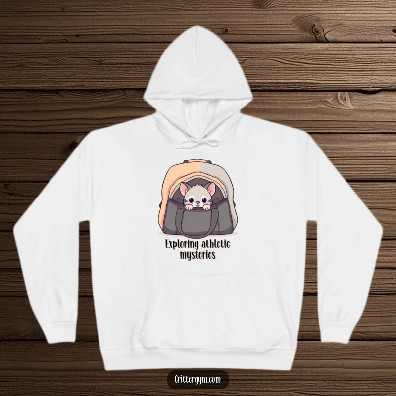 Funny curious critter gym bag hoodie featuring a small creature cautiously peeking into a large bag, perfect for staying warm and intrigued.
