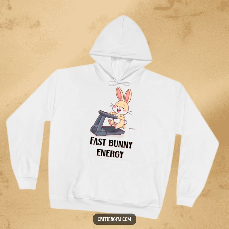Funny hoodie with a giggling bunny sprinting on a treadmill, its ears flapping, a humorous and warm design.