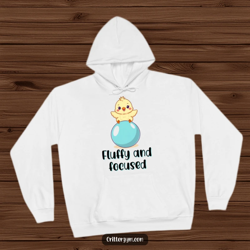 Funny small fluffy chick character balancing precariously on a yoga ball, featured on a comfortable hoodie, a fantastic funny gift.
