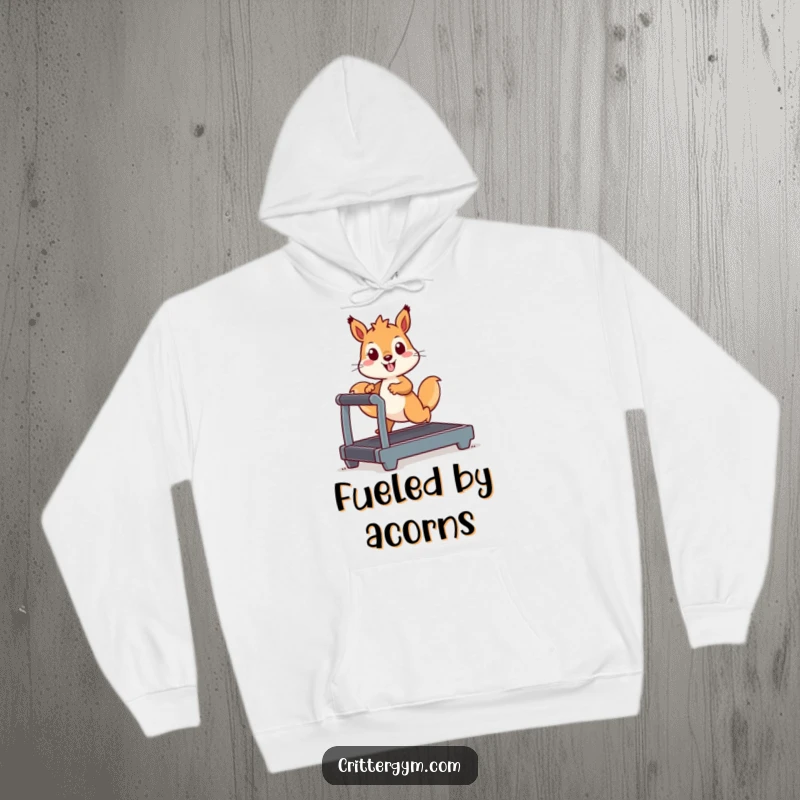 Funny Kawaii squirrel character powering through a workout on a small treadmill, a cozy and humorous hoodie design.