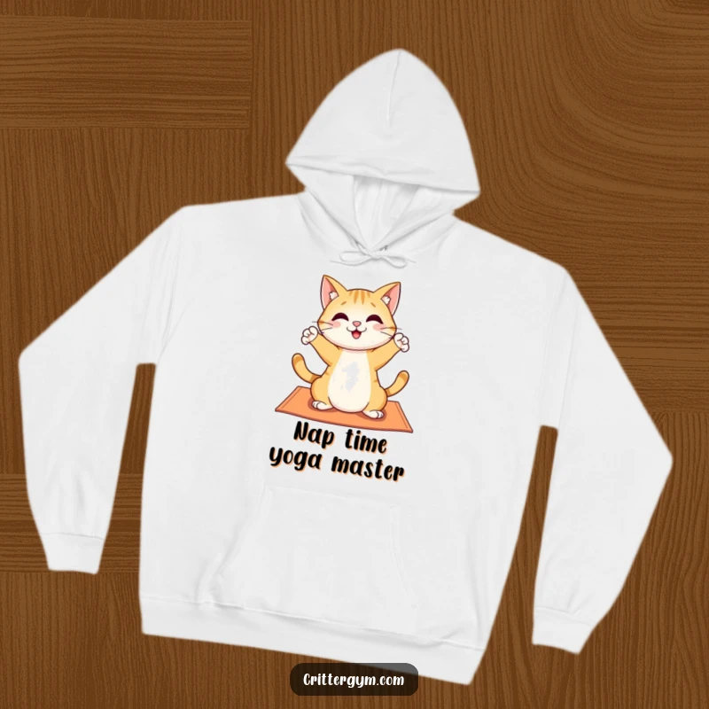 Funny hoodie showcasing a cheerful cat character in a playful yoga stretch pose on a mat, designed for ultimate comfort and laughs.