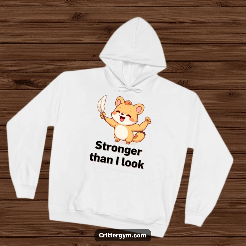 Funny Hoodie: A small animal character joyfully flexes a tiny, muscular arm after lifting a feather, depicting humorous strength.