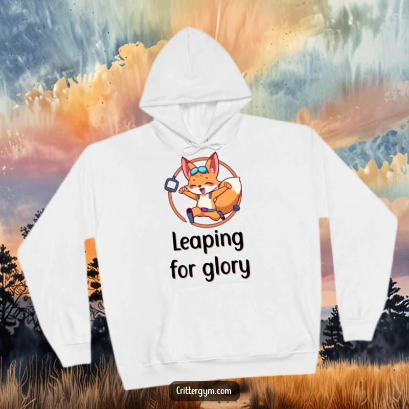 Funny Fox Hoodie: An energetic fox performs a spectacular leap through a hoop covered in various gym equipment items.