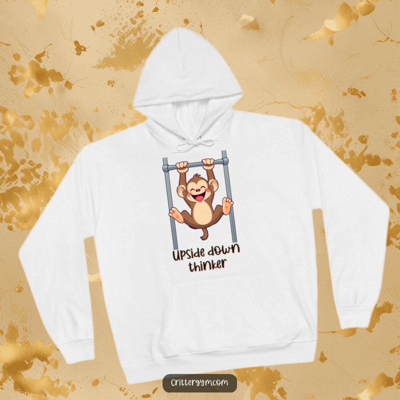 Funny monkey hoodie, a mischievous monkey hanging upside down from a pull-up bar, great for cozy fun.