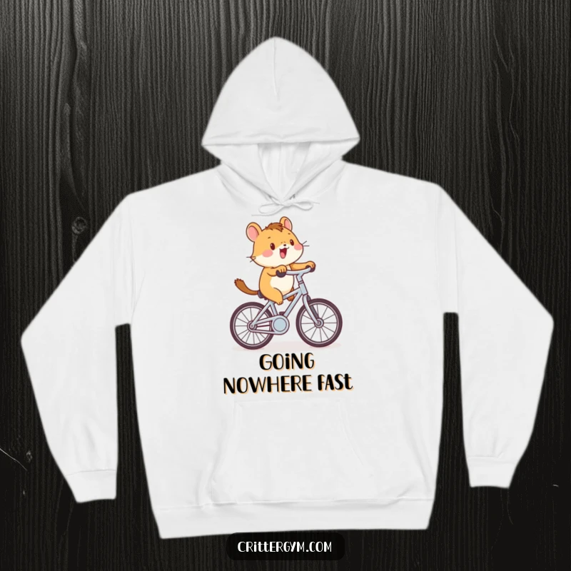Funny critter cycling hoodie featuring a small creature pedaling a tiny bike with great enthusiasm, perfect for staying warm and cheerful.