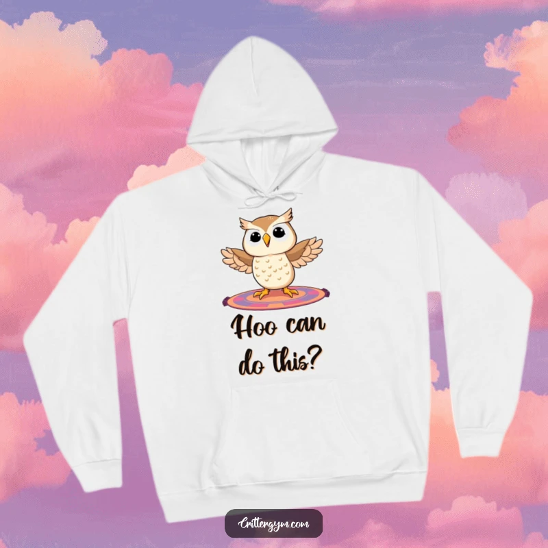 Funny owl hoodie depicting a beaming owl bravely attempting to achieve the splits on a bright exercise mat, showcasing feathered determination.
