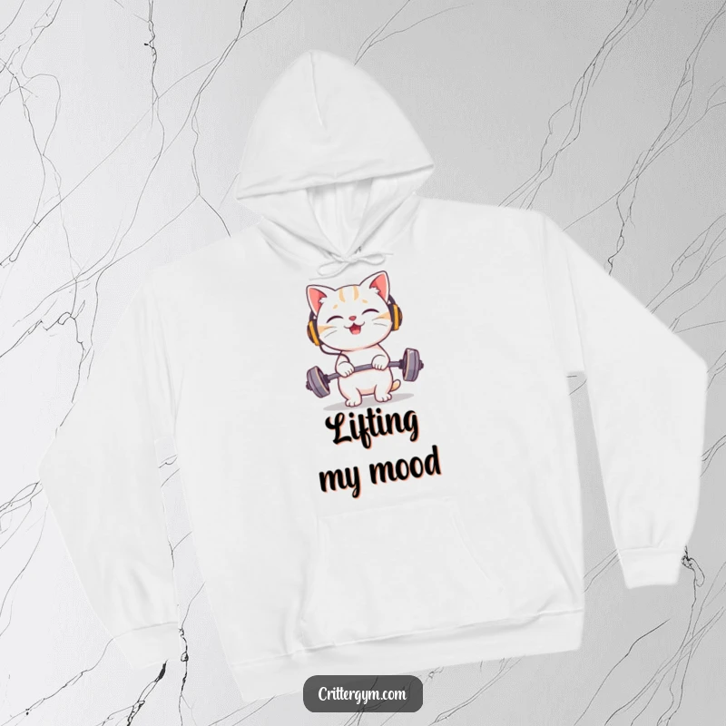 Funny cat hoodie featuring a giggling character with tiny headphones, happily lifting a very small barbell.