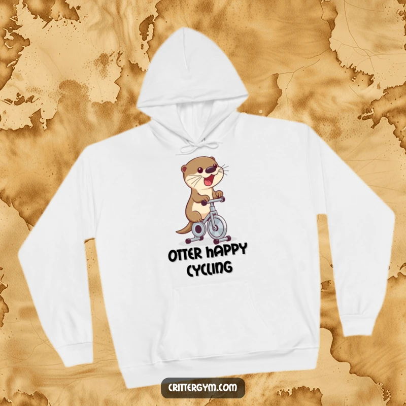 Funny hoodie depicting a cute otter excitedly riding a tiny exercise bike, pedaling rapidly, offering humorous coziness.