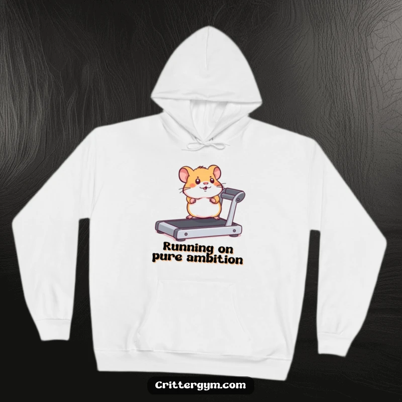 Funny hamster exerting maximum effort on a miniature treadmill, depicted on a cozy and humorous hoodie.