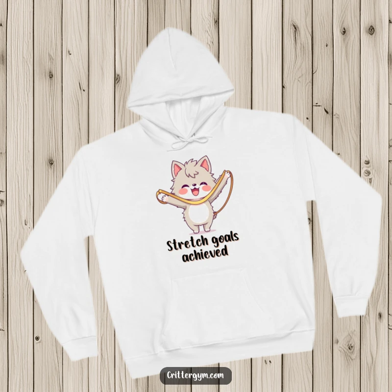 Funny Hoodie: A cute furry character stretching with a resistance band, depicting a funny workout moment.