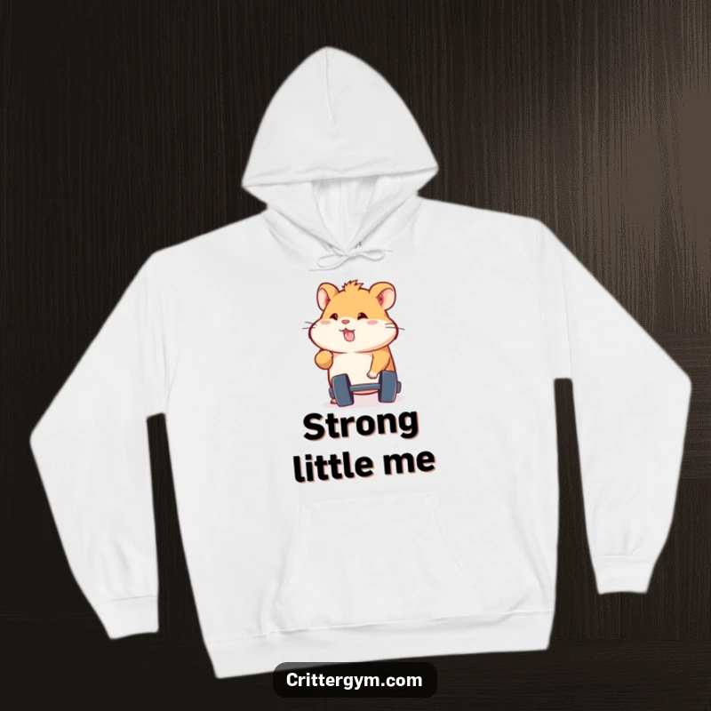 Funny energetic hamster character determinedly lifting a small dumbbell, featured on a comfortable hoodie, a fantastic funny gift.