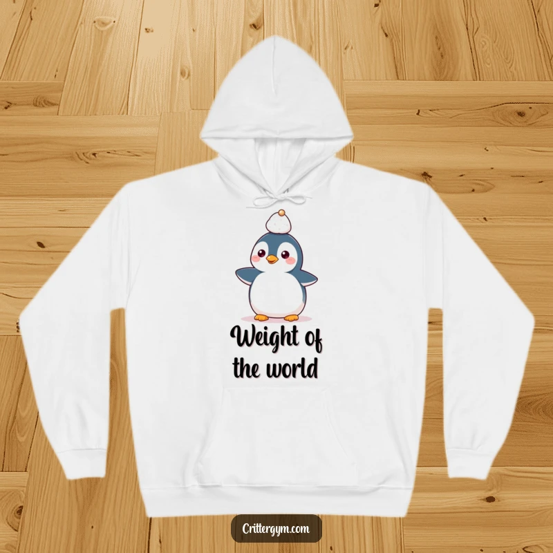 Funny Kawaii penguin character balancing a tiny dumbbell on its head, a warm and humorous hoodie.