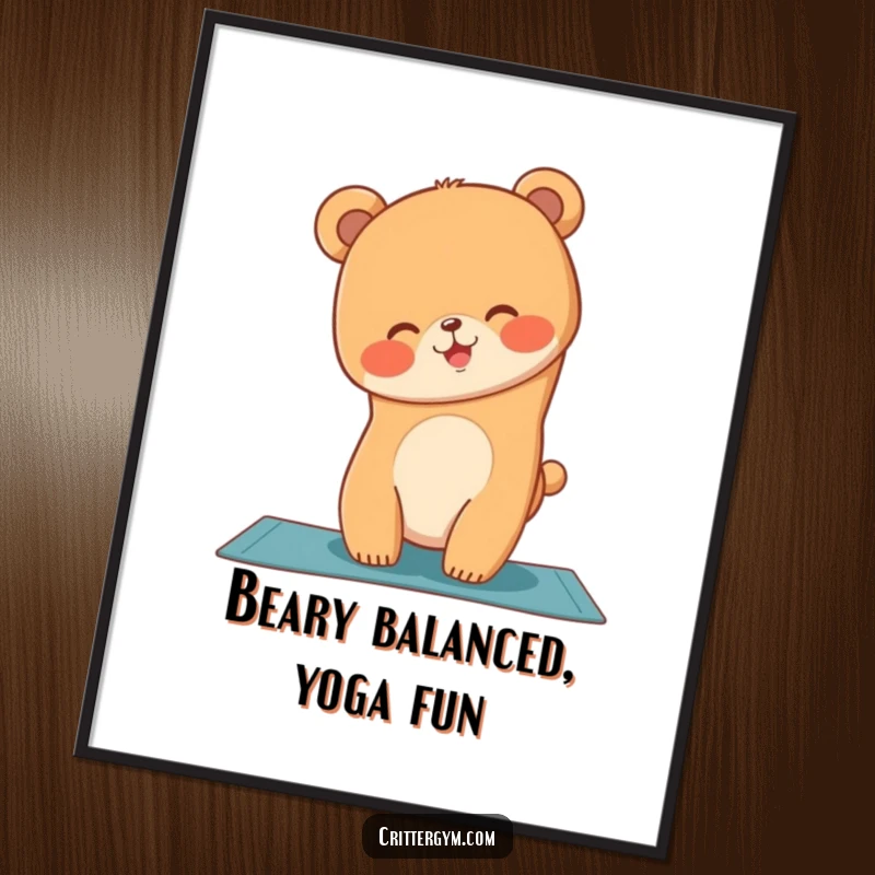 Funny Free Printable Wall Art: A giggling bear cub attempts a handstand on a yoga mat with joyful effort.