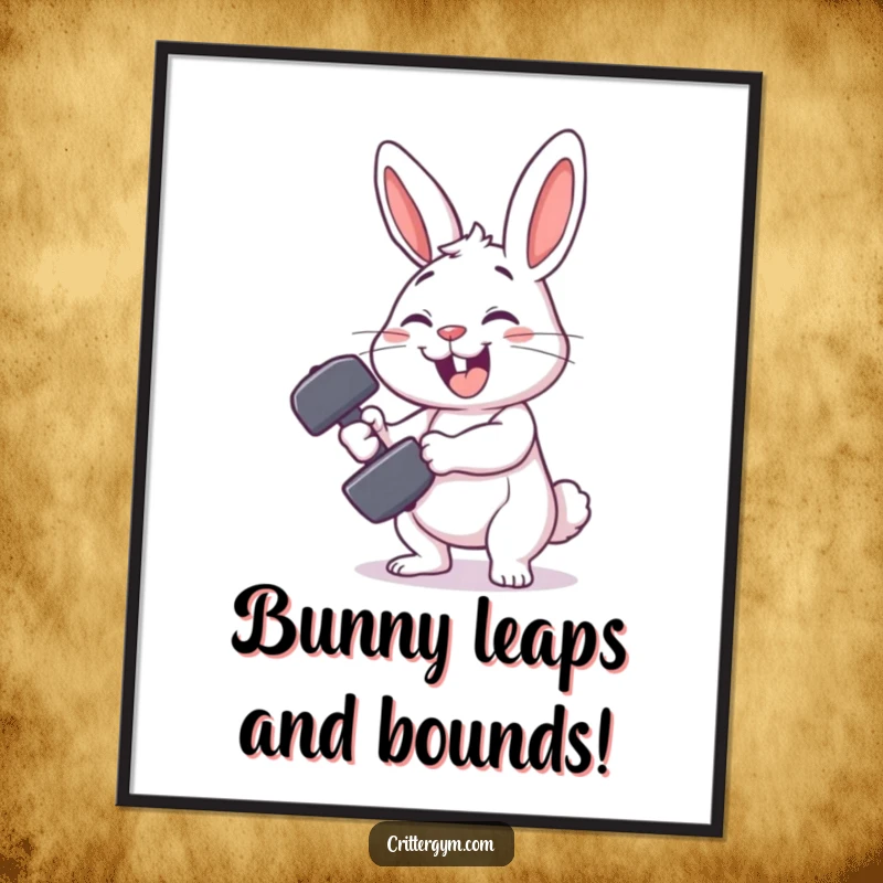 Funny Free Printable Wall Art: A smiling rabbit comically attempts and fails to lift a minuscule dumbbell.