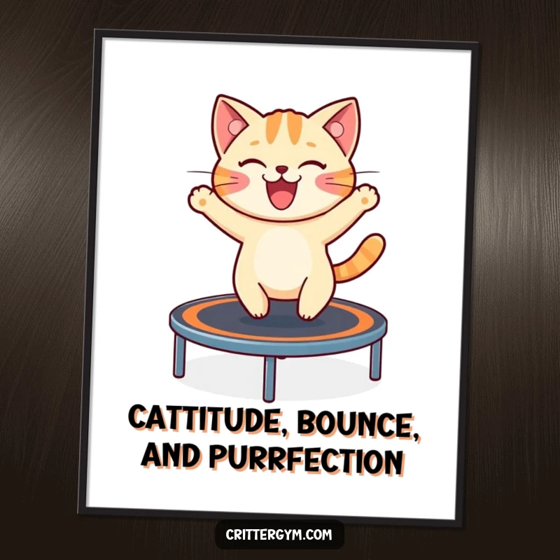 Funny free printable wall art of a cheerful cat gleefully bouncing high on a miniature trampoline with pure excitement.