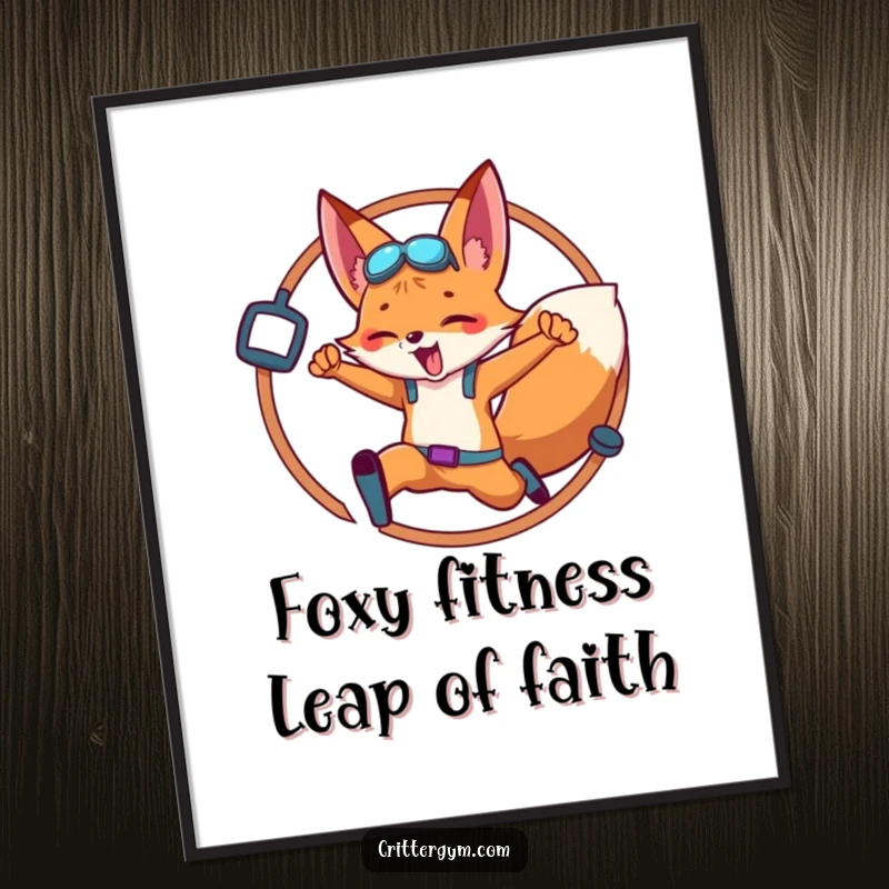 Funny Free Printable Wall Art: Dynamic fox mid-leap through a hoop decorated with gym equipment, promoting active vibes.