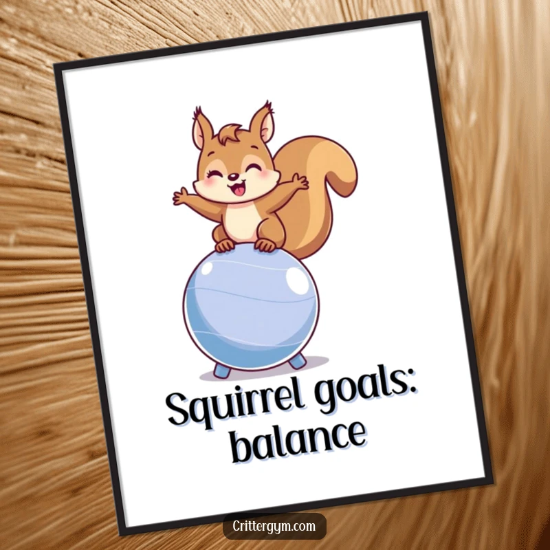 Funny Free Printable Squirrel Wall Art: A happy squirrel precariously balances on a bouncing fitness ball, adding humor.