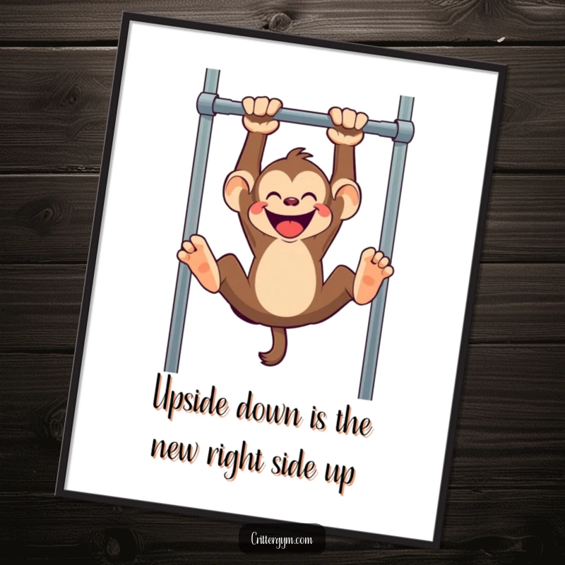 Funny Free Printable Monkey Wall Art features a mischievous monkey gleefully hanging upside down from a pull-up bar, adding playful decor.