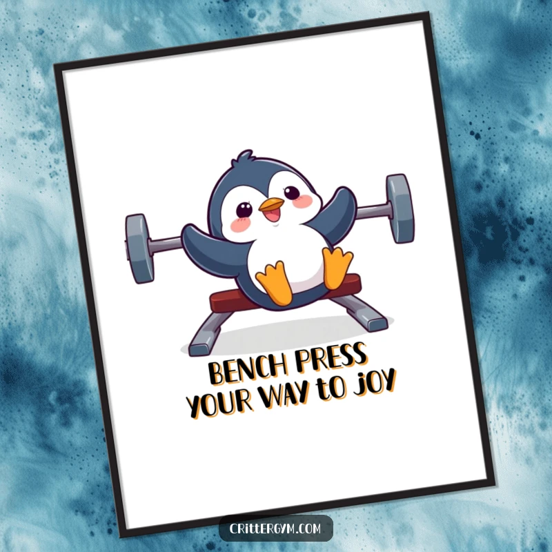 Funny free printable wall art of a silly penguin joyfully sliding down a weight bench with pure glee.