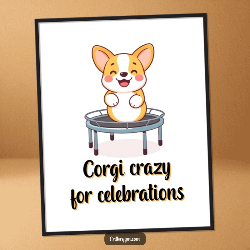 Funny Free Printable Wall Art: A smiling corgi joyfully bouncing on a miniature trampoline, radiating pure happiness.