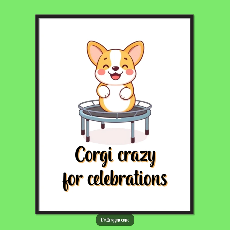 Free Printable Wall Art: Bouncing Corgi on Trampoline - Funny Downloadable Decor