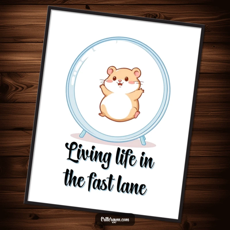 Funny Free Printable Wall Art: Chubby hamster comically sprinting in a giant hamster wheel, radiating pure, unadulterated fun. Great DIY decor.