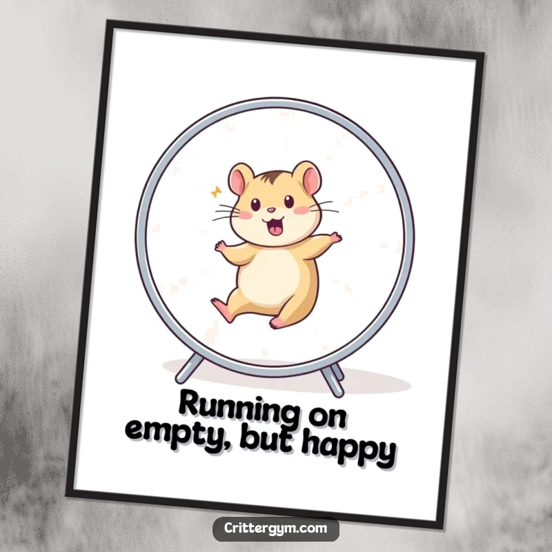 Funny Free Printable Wall Art: A small animal character is a blur of motion, enthusiastically running on a hamster wheel.