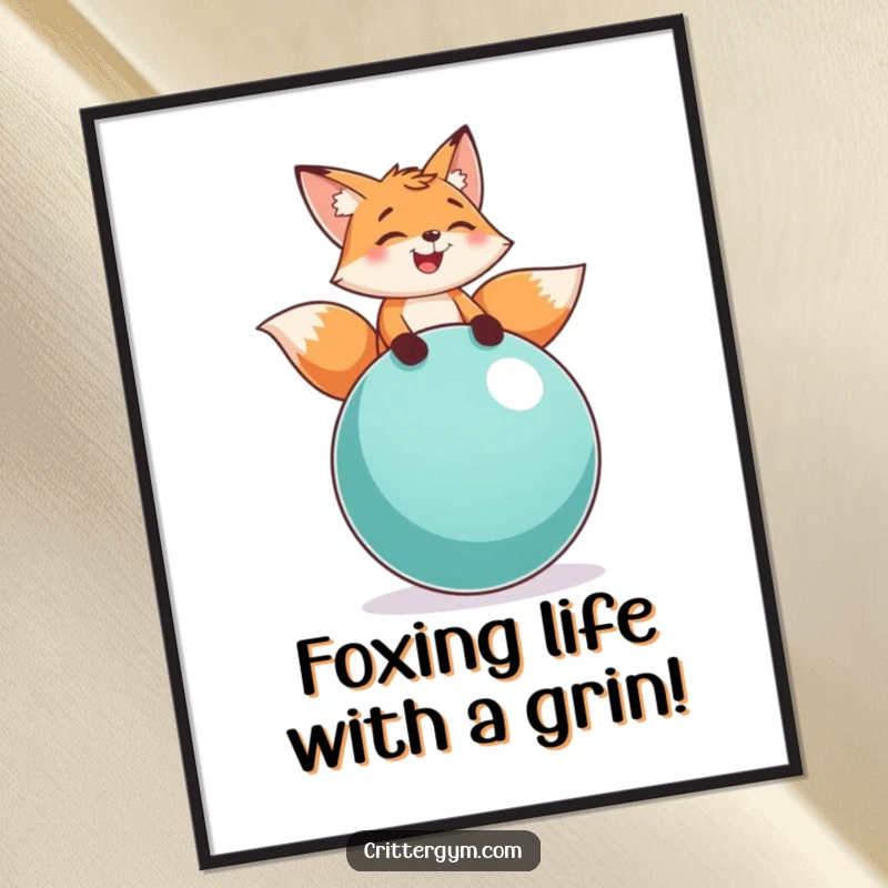 Funny Free Printable Wall Art: A playful fox laughs hysterically while balancing on a large exercise ball, creating a comedic scene.