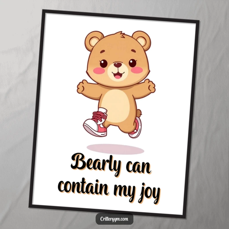 Funny Free Printable Wall Art: Playful bear cub character in cartoon sneakers, doing an energetic hop with a huge, happy smile, full of life.