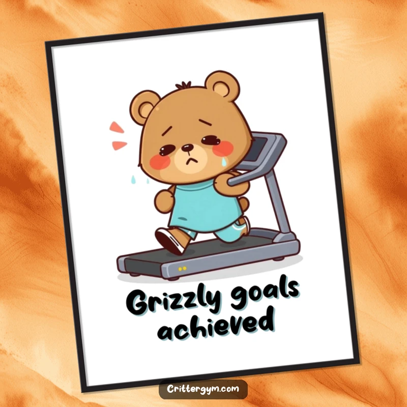 Funny Free Printable Wall Art: A small bear sweating while running on a treadmill with a very determined, funny smile.