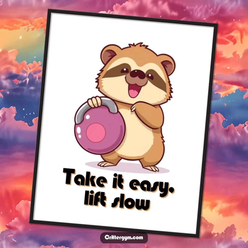 Funny Free Printable Wall Art: A Kawaii sloth character comically struggling to lift a giant kettlebell, downloadable art.