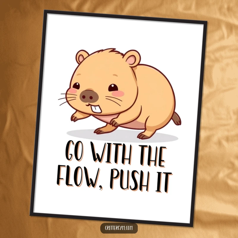 Funny Free Printable Wall Art: A Kawaii capybara character attempting a push-up with intense effort and a funny expression, downloadable art.