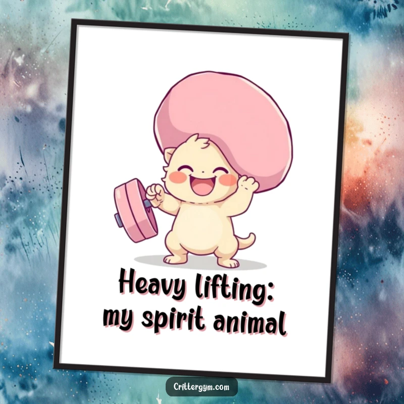 Funny Free Printable Wall Art: Whimsical creature triumphantly lifting an impossibly large, pliable weight, radiating strength and humor.