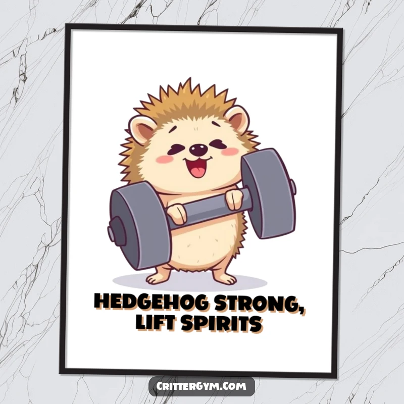 Funny Free Printable Wall Art: A tiny hedgehog with a happy, strained face muscles a comically large dumbbell, showing grit.
