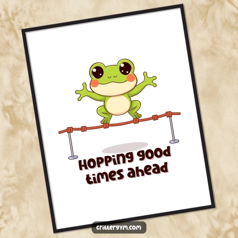 Funny Free Printable Wall Art: A small, excited frog leaps high over tiny jump ropes, radiating pure joy and energy.