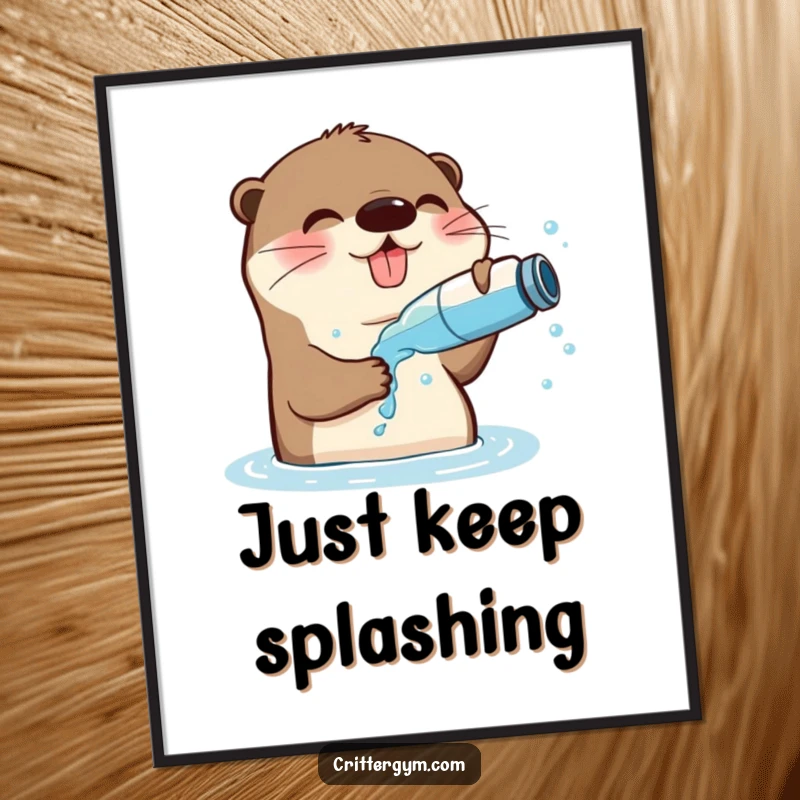 Funny Free Printable Wall Art: A playful otter happily splashing water from a bottle onto its panting face, looking utterly refreshed and joyful.