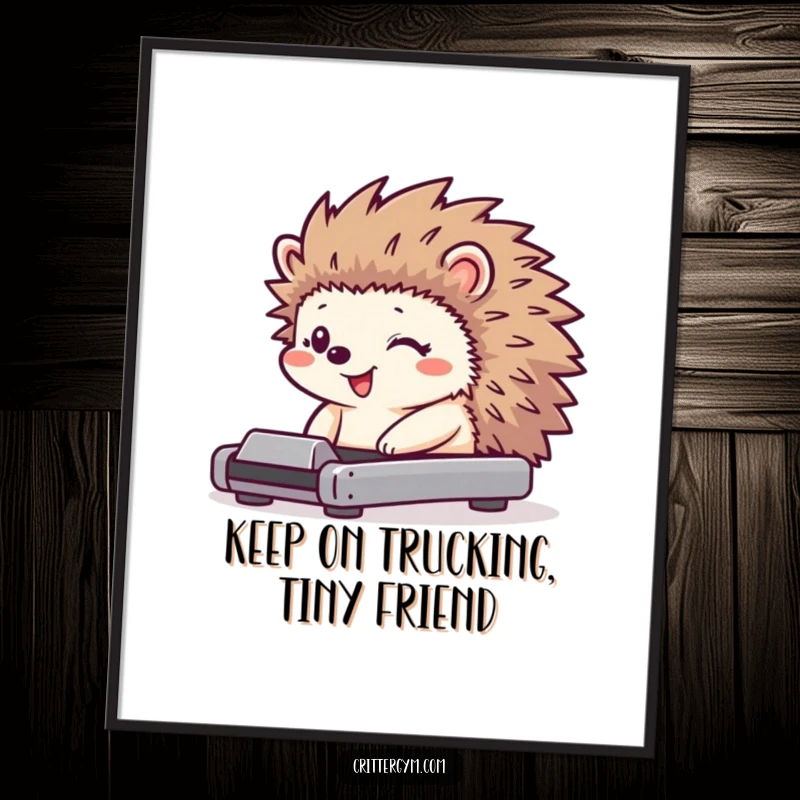 Funny Free Printable Hedgehog Wall Art: Tiny hedgehog character using a miniature treadmill with a huge grin, its quills jiggling.