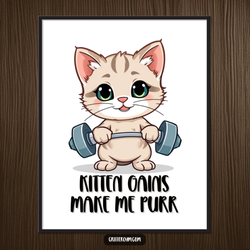Funny Free Printable Wall Art: A proud kitten flexing tiny biceps after lifting weights, with a confident and humorous expression on its face.