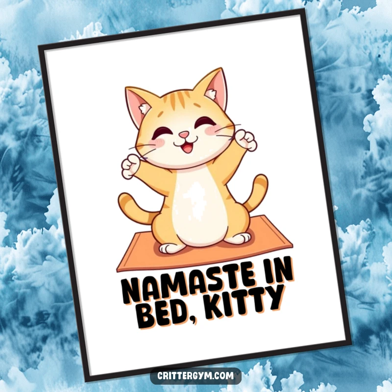 Funny Free Printable Wall Art: A cheerful cat gracefully stretching its paws on a yoga mat, bringing joy.