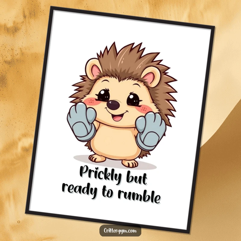 Funny Free Printable Wall Art: A smiling hedgehog awkwardly fits into comically large workout gloves. Hilarious decor.