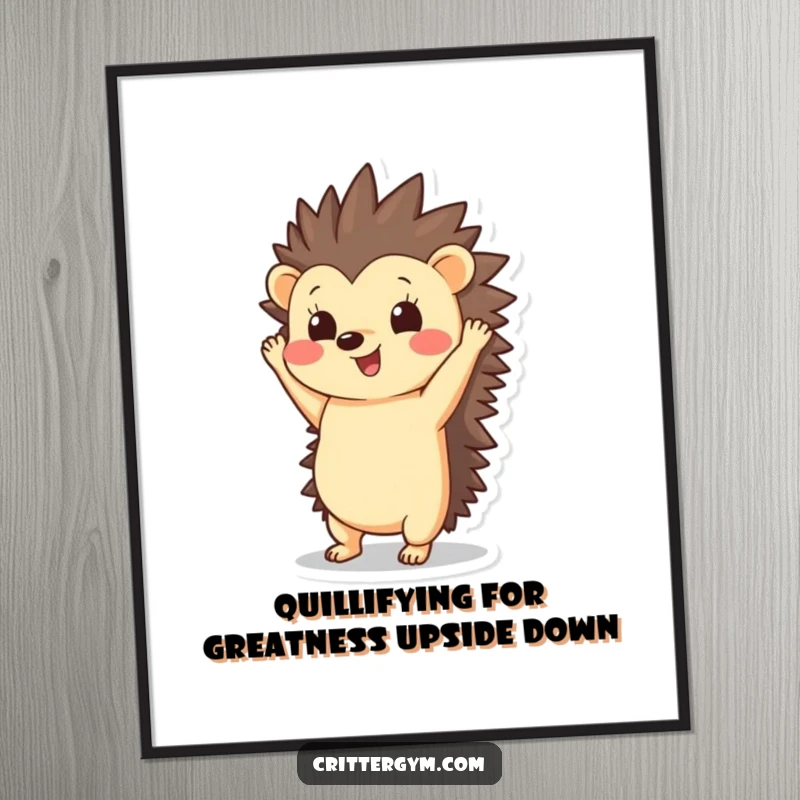 Funny Free Printable Wall Art: Charming hedgehog in a perfect handstand with quills pointing skyward, adding quirky decor.