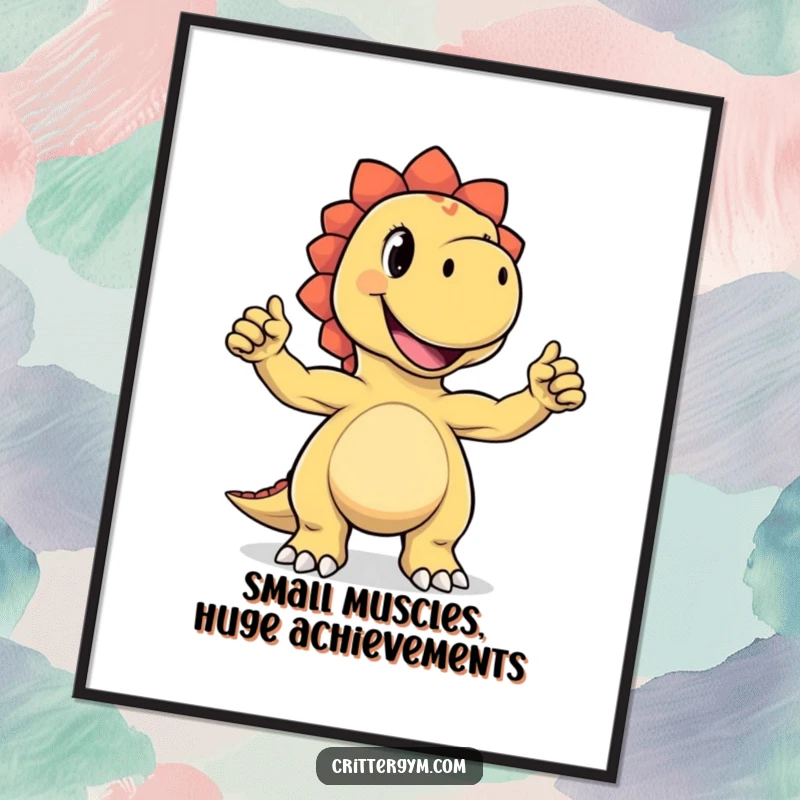 Funny Free Printable Wall Art: Adorable dinosaur character proudly flexing its tiny biceps with a massive, humorous grin.