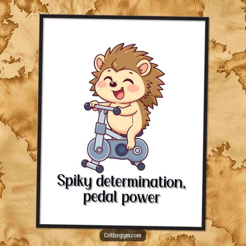 Funny Free Printable Wall Art: Hedgehog joyfully cycling on a miniature exercise bike, humorous cartoon decor.