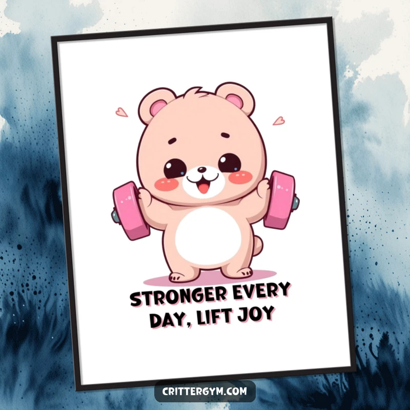 Funny free printable wall art of a fluffy bear in mid-lift with a brightly colored barbell, sweat droplets flying dramatically.