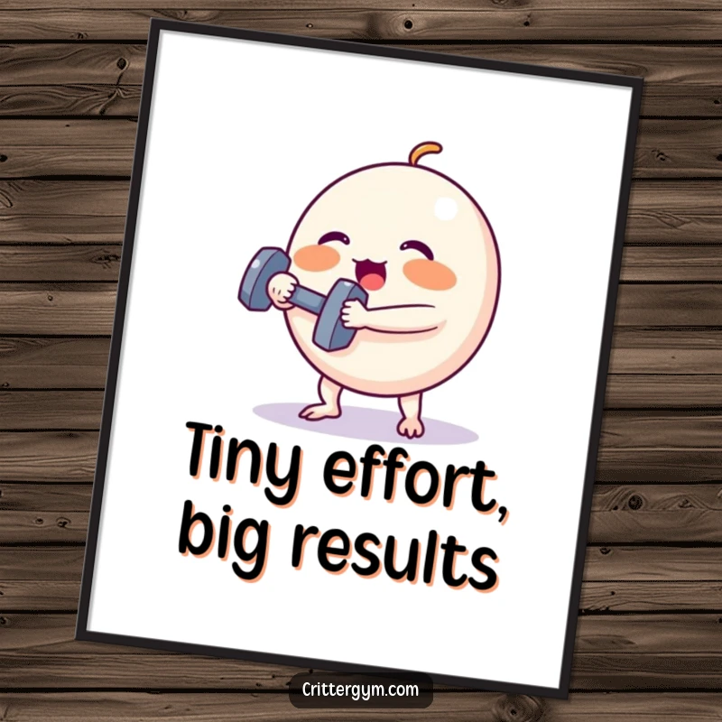 Funny Free Printable Wall Art: A small spherical creature straining to lift a tiny dumbbell, showing immense effort and rosy cheeks.