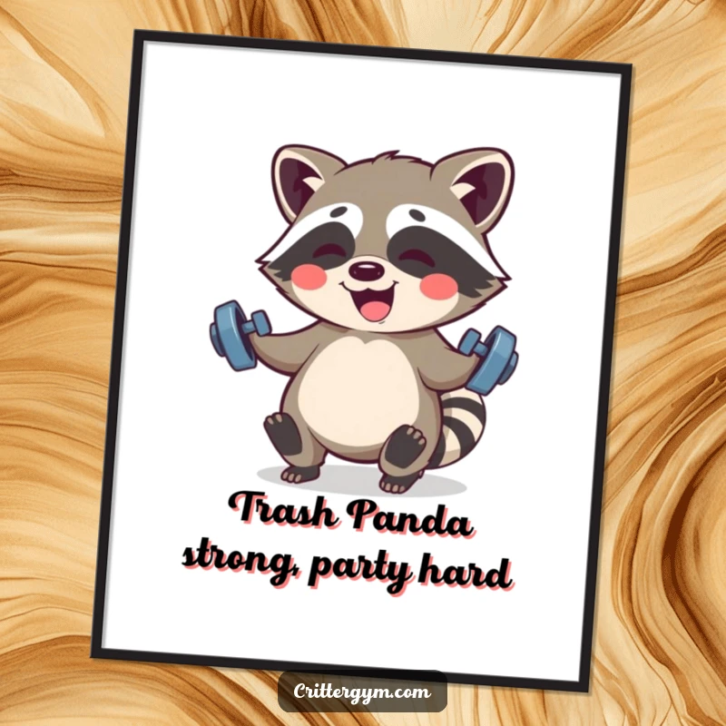 Funny Free Printable Wall Art: A giggling Kawaii raccoon playfully lifting small barbells, strong downloadable art.